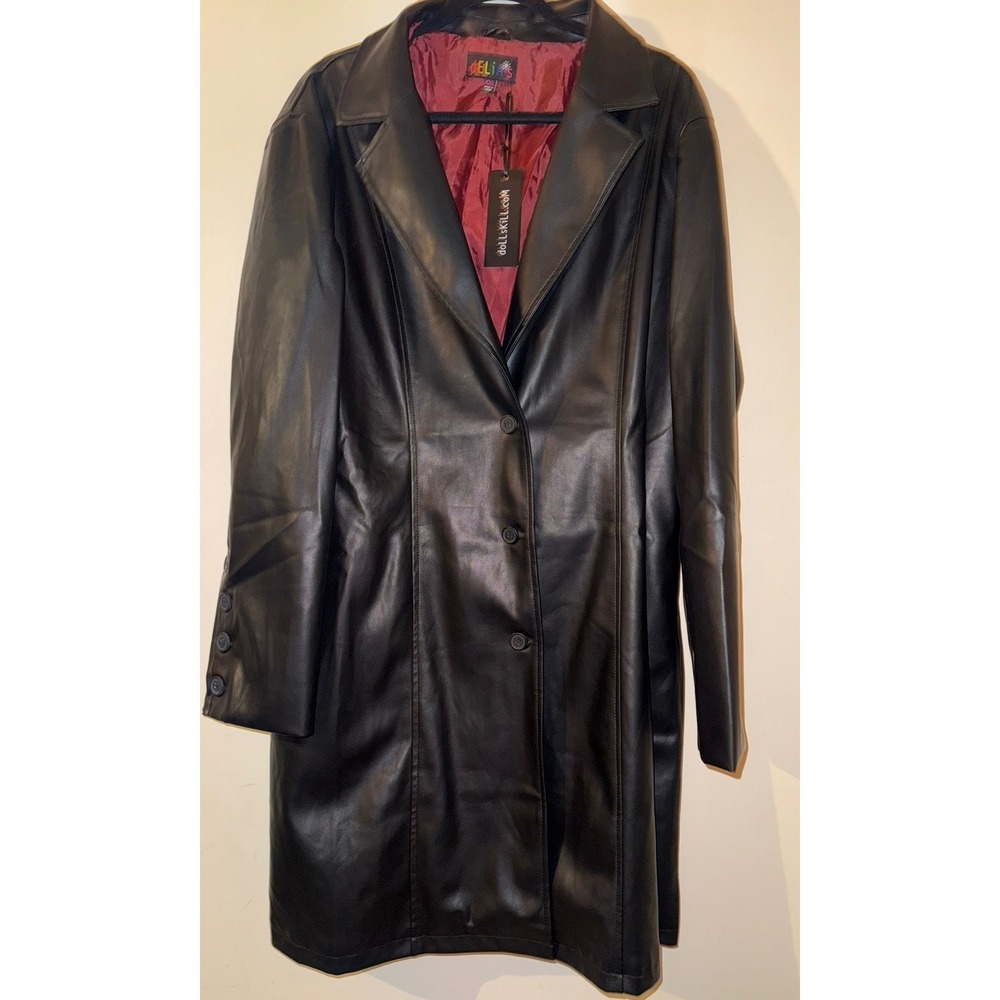 Dolls Kill Faux Leather Trench Coat Red Lined Black Button Front Size XXL NWT